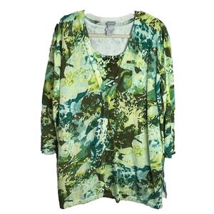 Chico's Knit Cardigan Sweater Top Set Women's Size 4/2XL Green Watercolor Floral